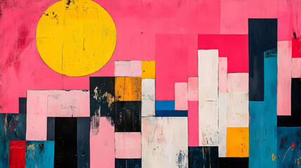 Poster - A vibrant abstract artwork featuring geometric shapes in various colors with a large yellow sun against a pink background