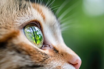 close-up of cat eye reflecting green forest fine fur textures visible around iris blurred background copy space