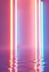 Aufkleber - Abstract neon light fluorescent Neon Lights glow ,Reflection on water,neon lights exhibition background , 3D illustration