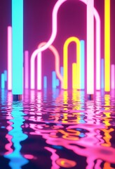 Aufkleber - Abstract neon light fluorescent Neon Lights glow ,Reflection on water,neon lights exhibition background , 3D illustration