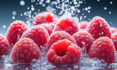 Wall Mural - Fresh raspberries splashing with water droplets