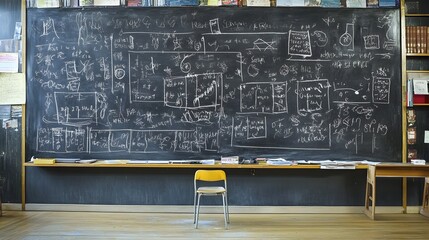 Poster - detailed chalkboard covered in educational formulas diagrams sketches and doodles in a classroom or 