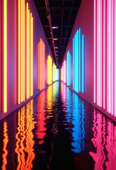 Aufkleber - Abstract neon light fluorescent Neon Lights glow ,Reflection on water,neon lights exhibition background , 3D illustration