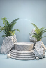 This image presents a luxurious and serene composition featuring a white marble platform surrounded by tropical palm leaves and large white rocks. The soft blue background and circular design add a mo