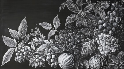 Poster - Detailed monochrome botanical showcasing the beauty of autumn foliage berries and fruits  The image has an elegant vintage aesthetic with a natural organic feel