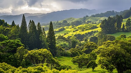 Lush array of vibrant green coniferous trees