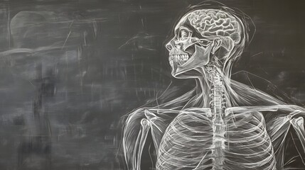Poster - Detailed X Ray Anatomical Showing the Human Skeletal Structure and Nervous System Projected on a Chalkboard Background  Educational Diagram Suitable for Medical Science or Academic Purposes