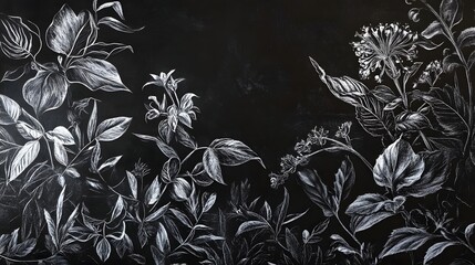 Poster - Dramatic and moody monochrome floral botanical backdrop with elegant nature blooms lush leaves and organic garden greenery in a vintage atmospheric aesthetic
