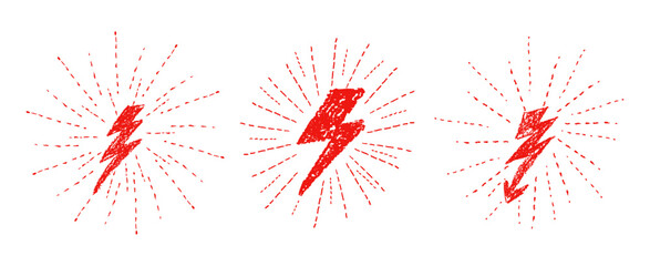 Wall Mural - set of lightning wax pen drawing silhouette. collection of thunder or battery symbols with radial ra