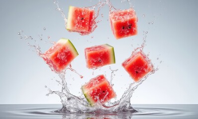 Wall Mural - Refreshing watermelon splashes in water