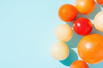 Poster - creative arrangement of vibrant fruits and vegetables forming colorful abstract pattern on clean background