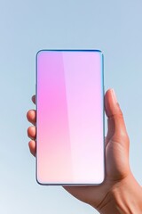 Poster - futuristic minimalist smartphone held in hand with large screen showcasing vibrant colors and copy space background