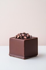 Poster - high-detail shot of single dark chocolate square with cacao nibs on top set against minimalist white background with
