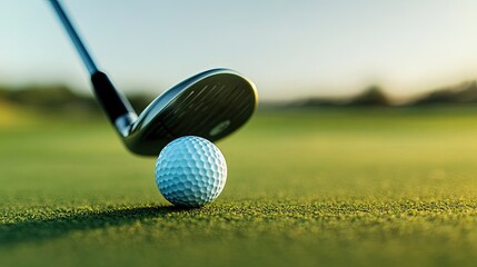 Poster - macro view of kid golf club poised above golf ball on tee dimples on ball in perfect clarity