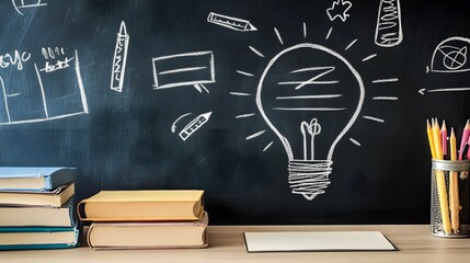 Poster - educational and learning concept featuring a chalkboard with a drawn lightbulb symbol and various sc