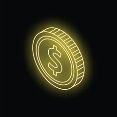 Poster - Neon yellow dollar coin glowing on a dark background, symbolizing investment, savings, and financial success