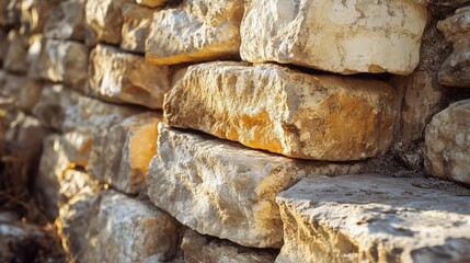 Poster - Close-Up View of Weathered Stone Wall with Textured Surfaces and Natural Color Variations Perfect for Architectural and Nature Photography