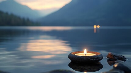 Poster - Serene candlelight floats on tranquil lake water.