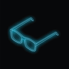 Poster - Glowing neon blue glasses on a black background in isometric view, representing modern eyewear or fashion accessories
