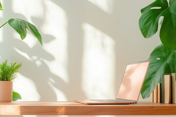 Poster - serene home office scene featuring cozy workspace with laptop open on wooden desk surrounded by plants and books soft