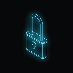 Poster - Neon padlock glowing on dark background, representing digital security, data protection, and cybersecurity concepts