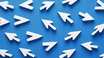 Poster - White Arrow Shapes on a Vibrant Blue Background, Symbolizing Direction and Movement in Digital or Creative Contexts, Perfect for Abstract Design Projects and Illustrations