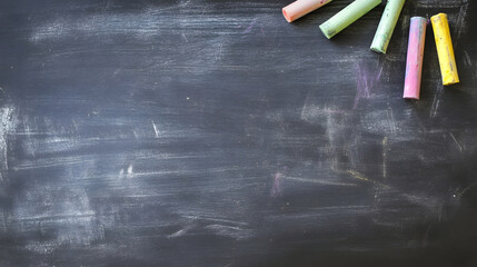 Leinwandbilder - Empty chalkboard or blackboard with chalk sticks on a wooden desk or table  This image can be used as a background for education teaching learning business presentations training workshops