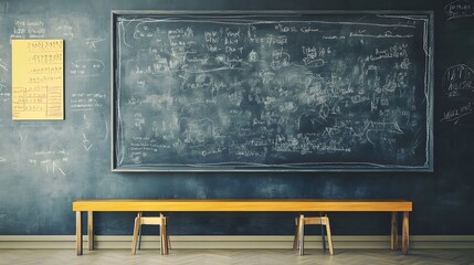Leinwandbilder - Empty classroom with an old green chalkboard and desks and chairs representing the concept of education learning academia and the teaching environment of a school college or university