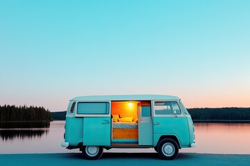 Poster - vintage camper van parked by tranquil lake doors open revealing cozy setup inside twilight hues copy