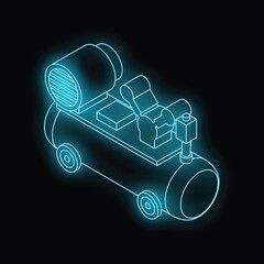 Poster - Neon glowing air compressor isometric view isolated on black background