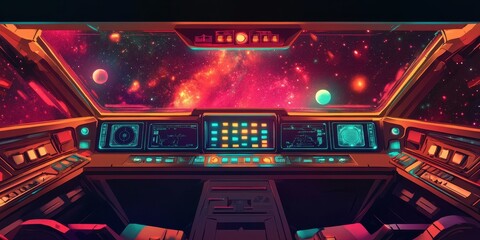 Poster - Spaceship Cockpit View of Nebula and Planets