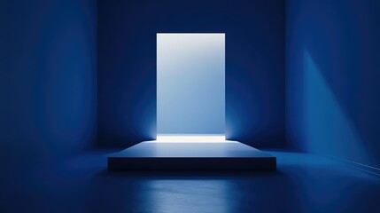 Poster - A Captivating Blue Room with a Bright Open Doorway Illuminating a Minimalist Space, Creating an Atmosphere of Mystery and Possibility