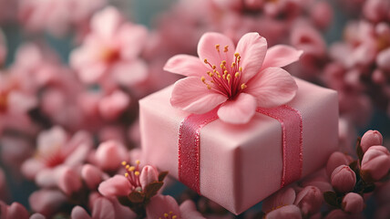 Sticker - Gift box and sakura blossoms, Chinese rose blossoms. International Women's Day.