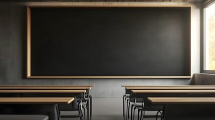 Aufkleber - Empty modern minimalist classroom or lecture hall interior with large chalkboard or blackboard and rows of desks and chairs  Concept of education teaching learning university college