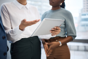 Poster - Hands, business people and tablet with group in boardroom for planning, strategy and happy for solution. Teamwork, question and lawyer on touchscreen, application and contract negotiation at law firm