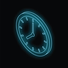 Poster - Glowing neon blue clock marking time against a dark backdrop