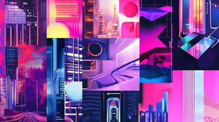 Poster - Futuristic Cityscape with Vibrant Neon Lights and Abstract Architectural Structures in the Night Skyline