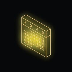 Poster - Isometric neon yellow calendar icon glowing on dark background, representing scheduling, appointments, and time management