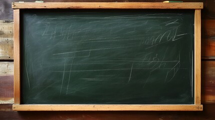 Poster - Green chalkboard in rustic wooden frame with empty space for text or messages  Blank classroom or lecture hall blackboard with chalk traces  Education learning