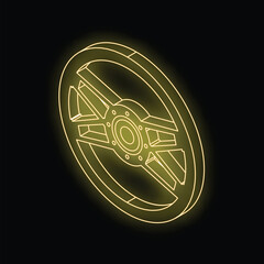 Poster - Glowing yellow steering wheel spinning on black background, representing driving, racing, and automotive concepts
