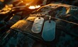 © Murda - Military dog tags rest on camouflage uniform sunset light