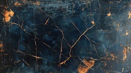 Poster - Dark Blue Textured Background with Cracks and Gold Accents for Artistic and Design Projects Featuring a Distressed Surface Effect