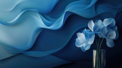 Poster - Elegant Blue Waves with Soft Floral Arrangement in a Modern Vase Creating a Serene and Tranquil Atmosphere for Contemporary Home Decor and Interior Design Projects