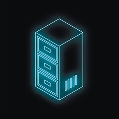 Poster - neon blue filing cabinet glowing on black background, symbolizing data storage and organization
