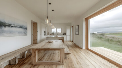 Poster - A bright, modern dining area featuring natural wood elements and large windows that offer scenic views