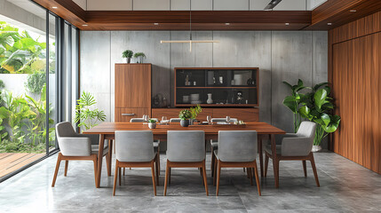 Poster - A modern dining room featuring a wooden table, stylish chairs, and large windows that bring in natural light and greenery