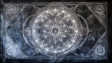 Aufkleber - Mesmerizing abstract geometric mandala design with intricate sacred symbols visionary arcane patterns and ethereal mystical elements in a dark monochrome gothic style