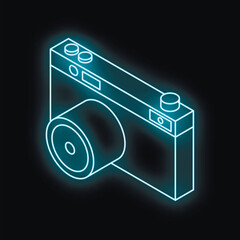 Poster - Glowing blue neon outline of a vintage camera floating on a dark background, representing photography and technology