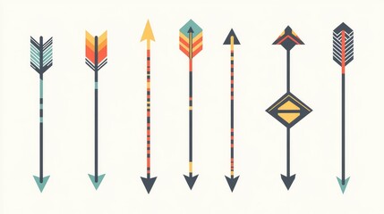 Poster - Colorful Collection of Eight Vintage Arrows Featuring Unique Designs and Patterns for Artistic or Thematic Uses in Various Creative Projects