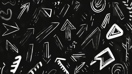 Poster - Abstract background featuring various hand-drawn arrows in white on a black backdrop, perfect for use in modern design projects, art presentations, or creative works.